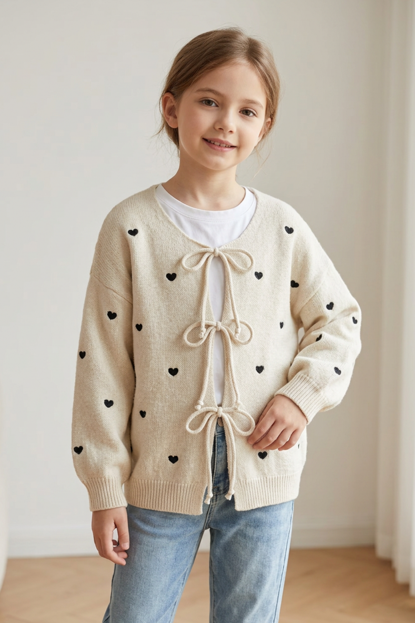 Beige Cardigan with Black Hearts