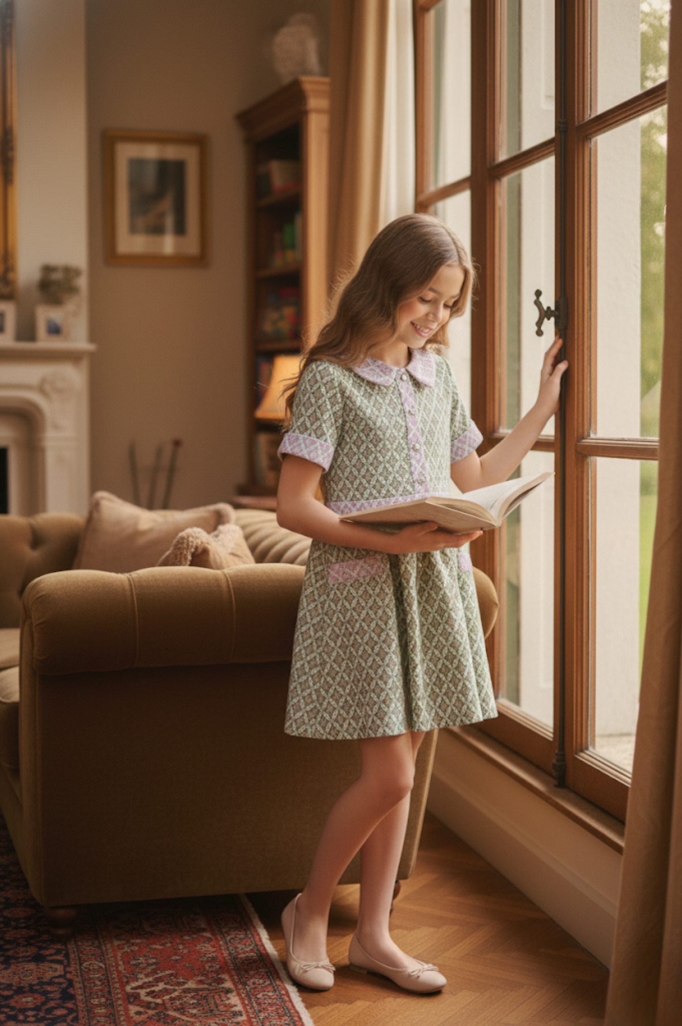 Two Tone Mod Dress w/ Rhinestone Buttons Green