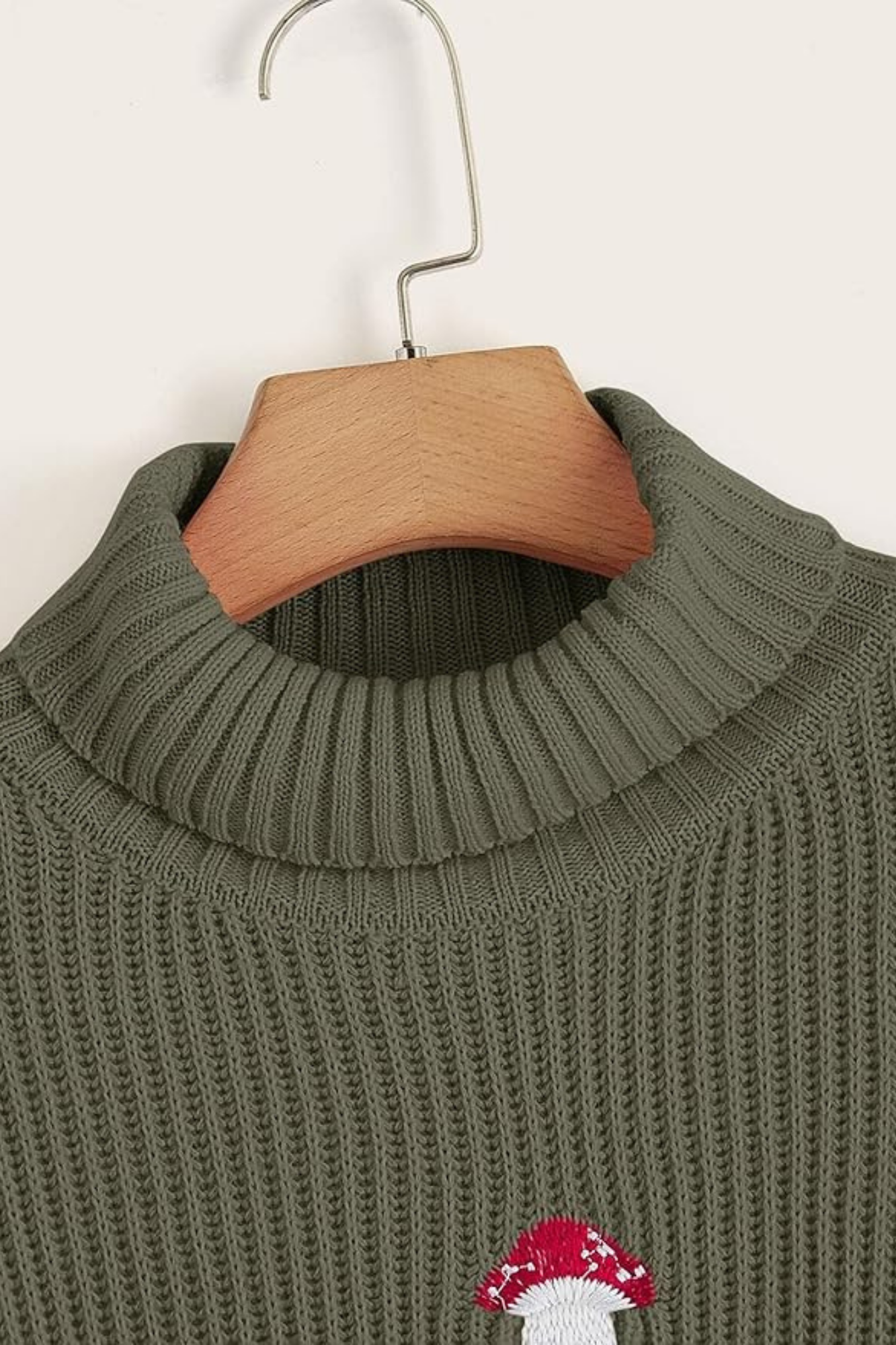 Green Turtleneck Sweater with Mushrooms