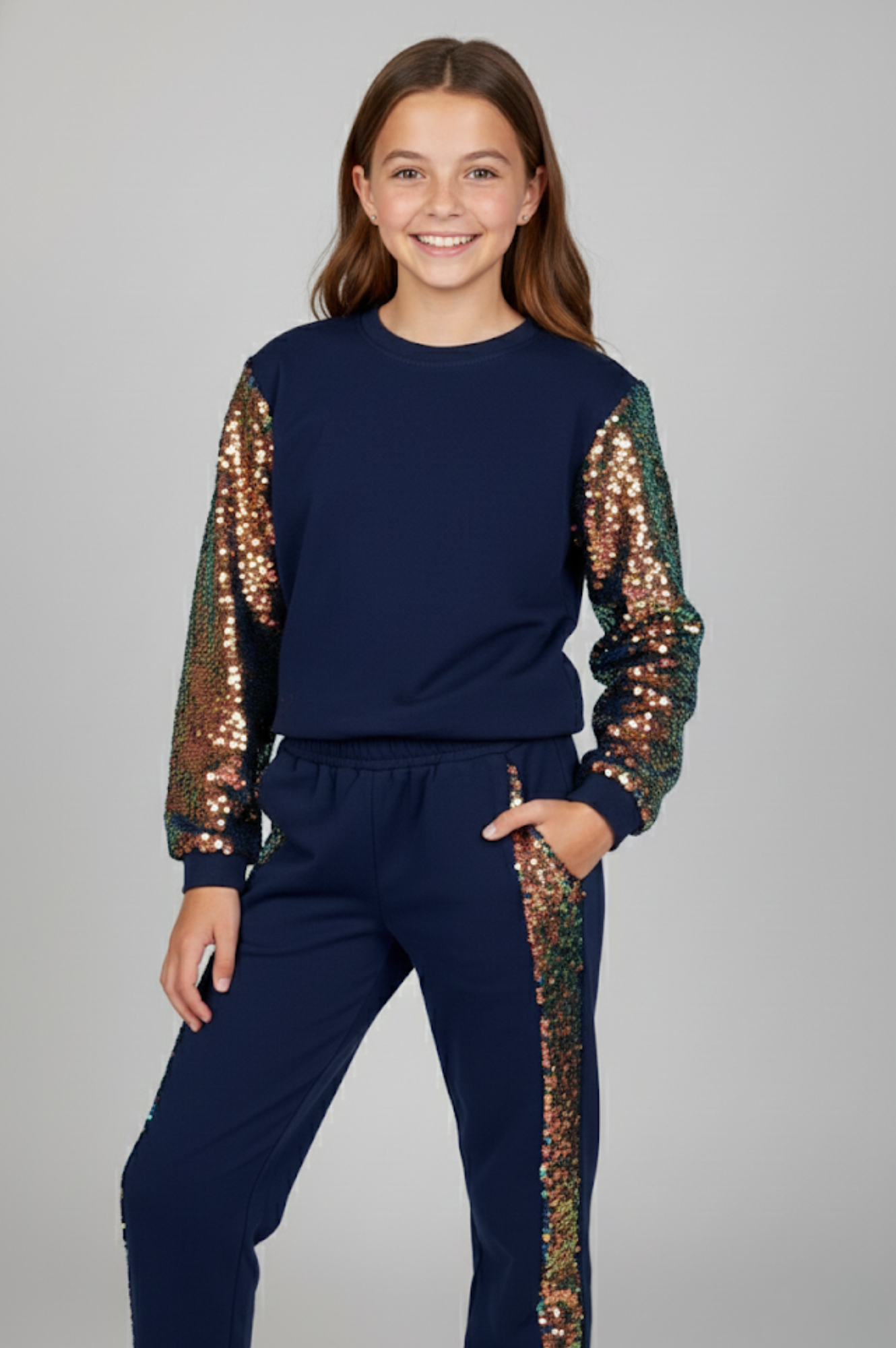 Flip Sequin Sleeves Sweatshirt Navy