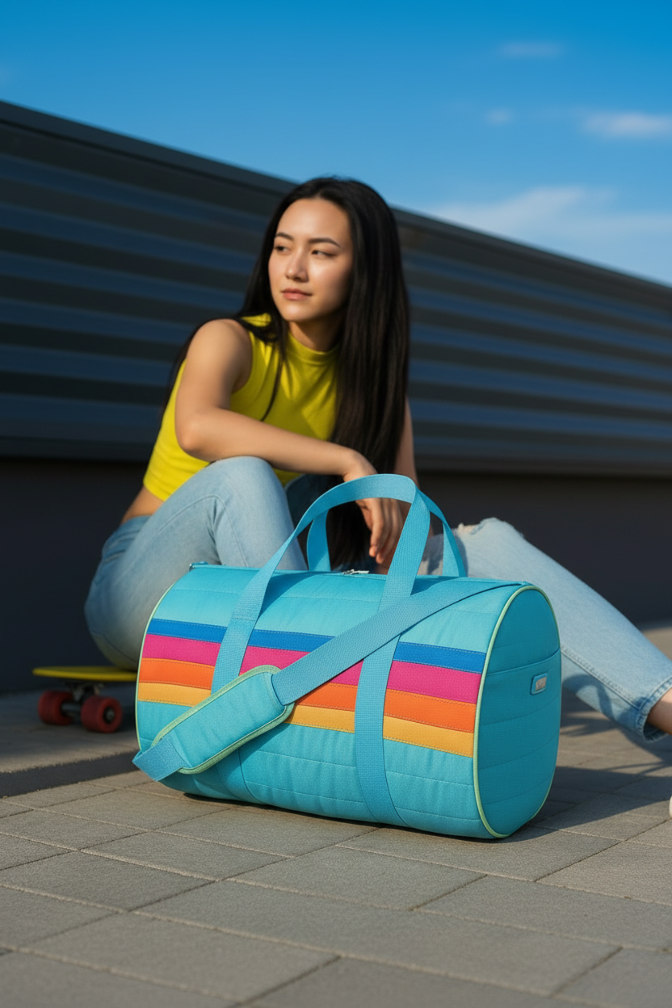 Blue Puffer Duffle Bag Retro Stripe