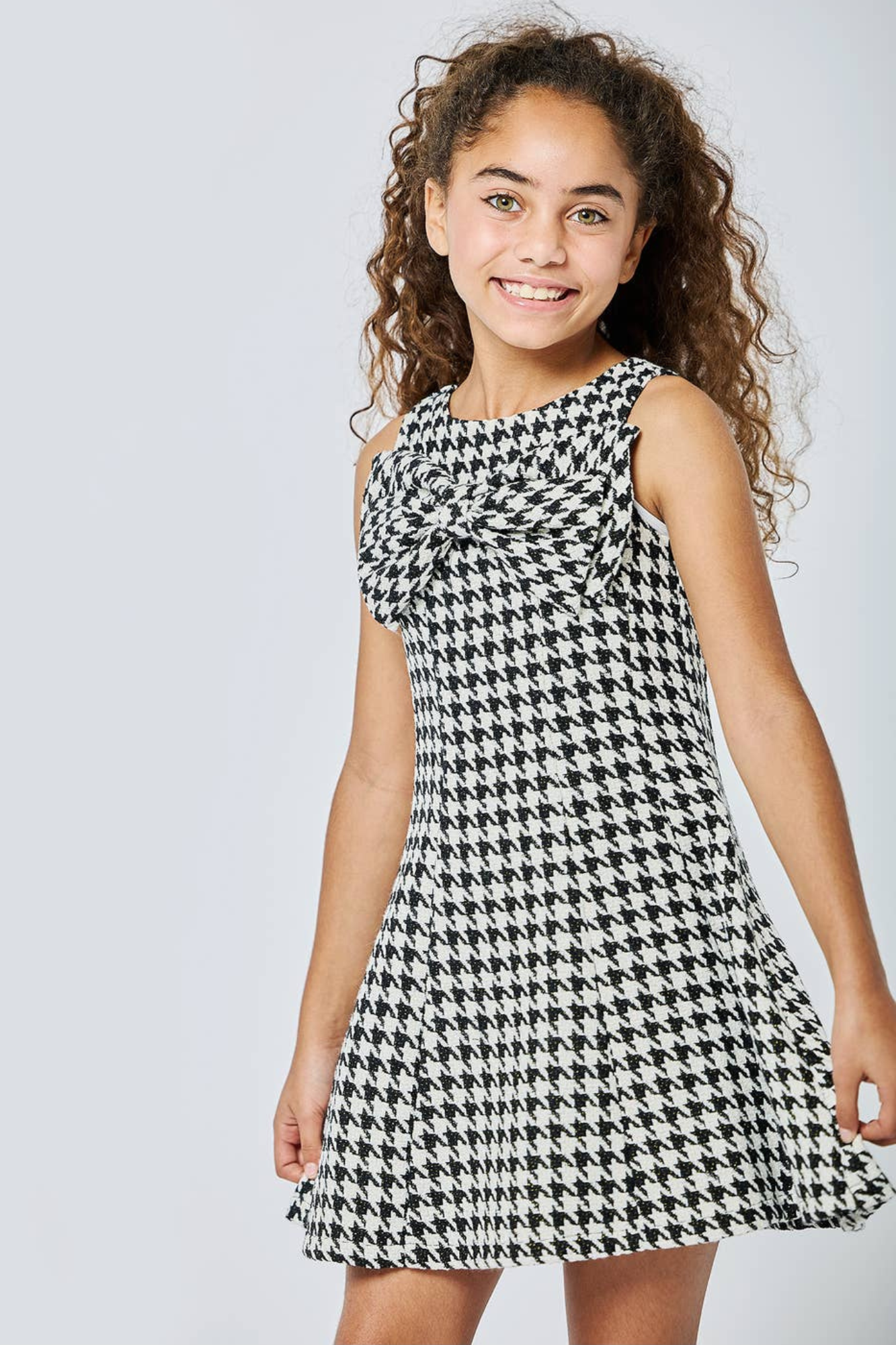 Houndstooth Flare Dress w/ Double Bow Black Multi
