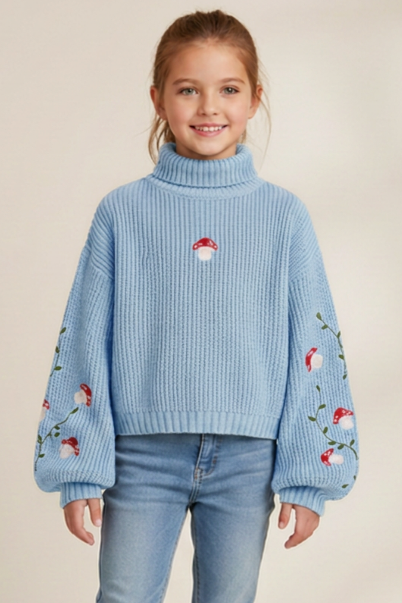 Baby Blue Turtleneck Sweater with Mushrooms