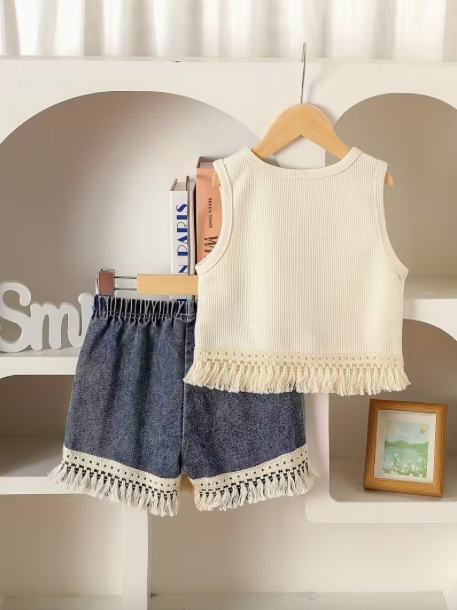 Beige Top & Denim Shorts Set