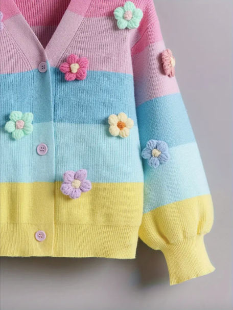 Multicolor Cardigan Knitted Flowers