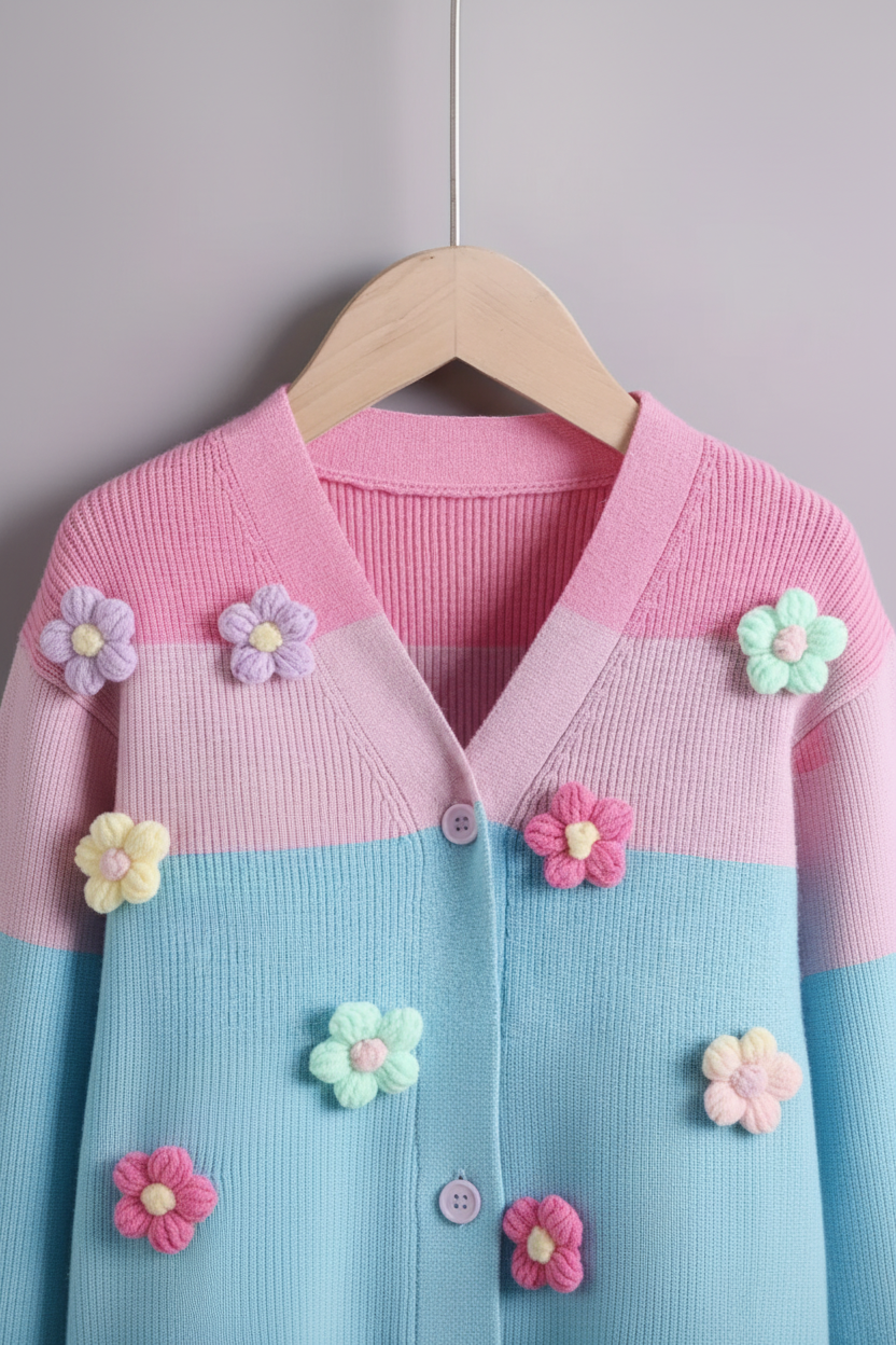 Multicolor Cardigan Knitted Flowers