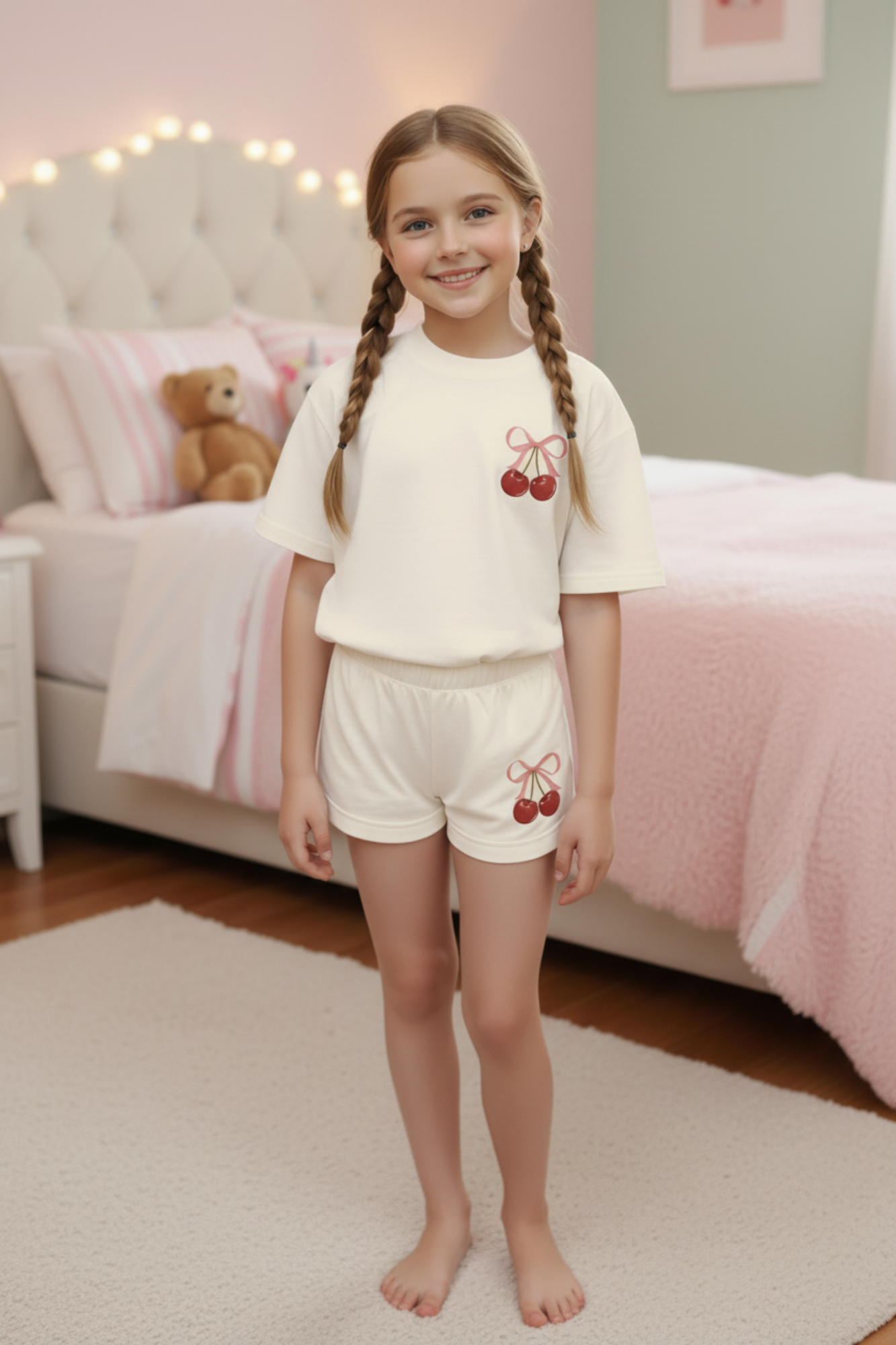 Beige Cherry Bow Comfy Set
