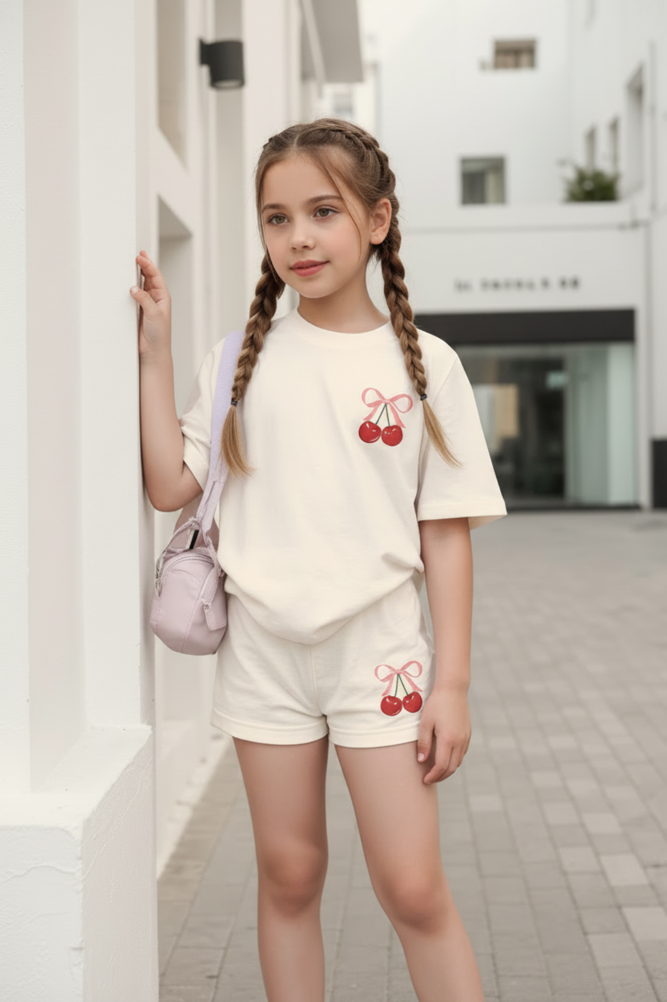 Beige Cherry Bow Comfy Set