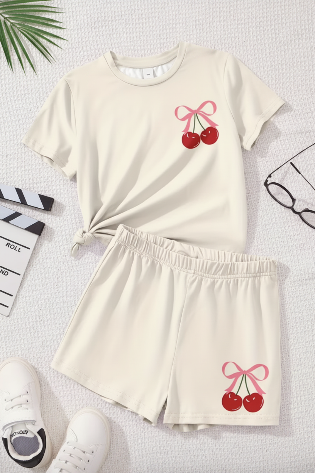 Beige Cherry Bow Comfy Set