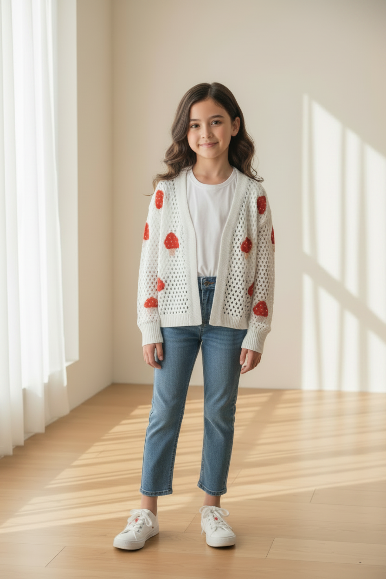 White Cardigan Red Mushrooms