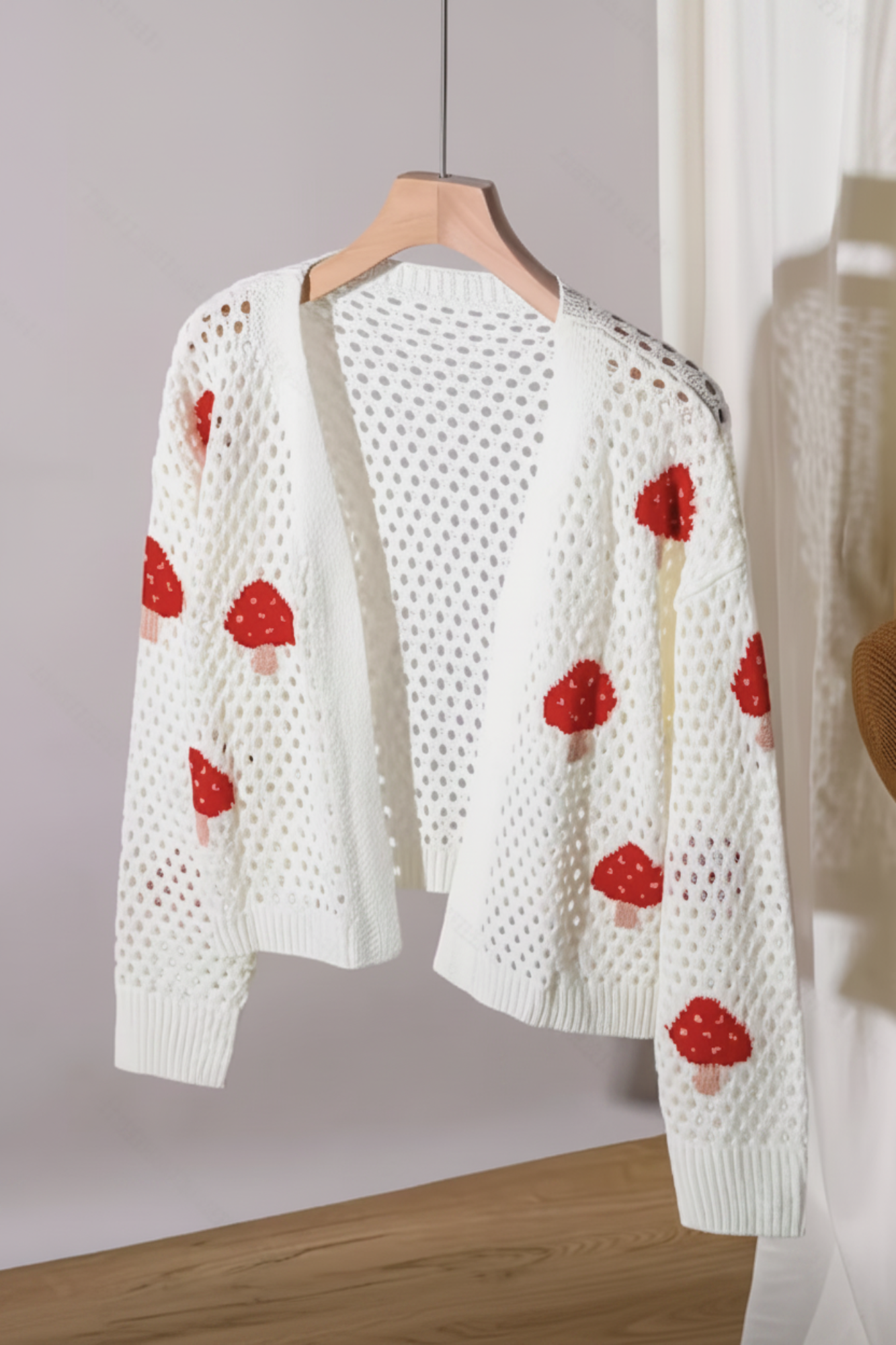 White Cardigan Red Mushrooms