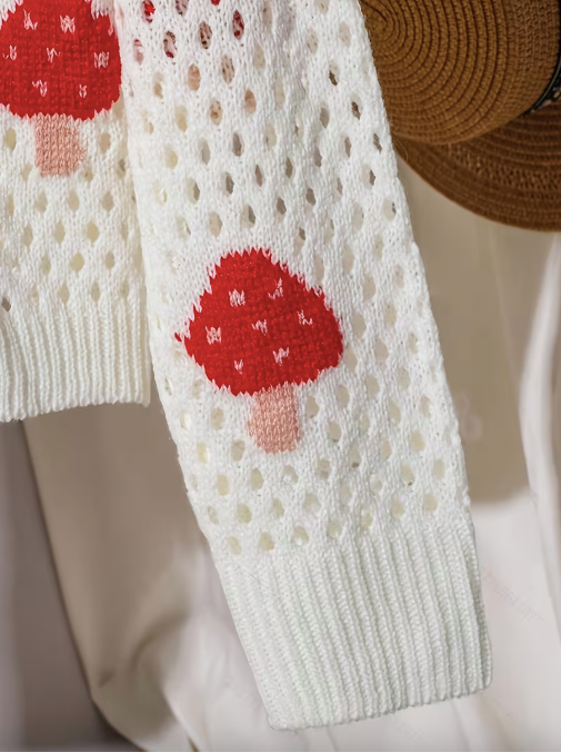 White Cardigan Red Mushrooms