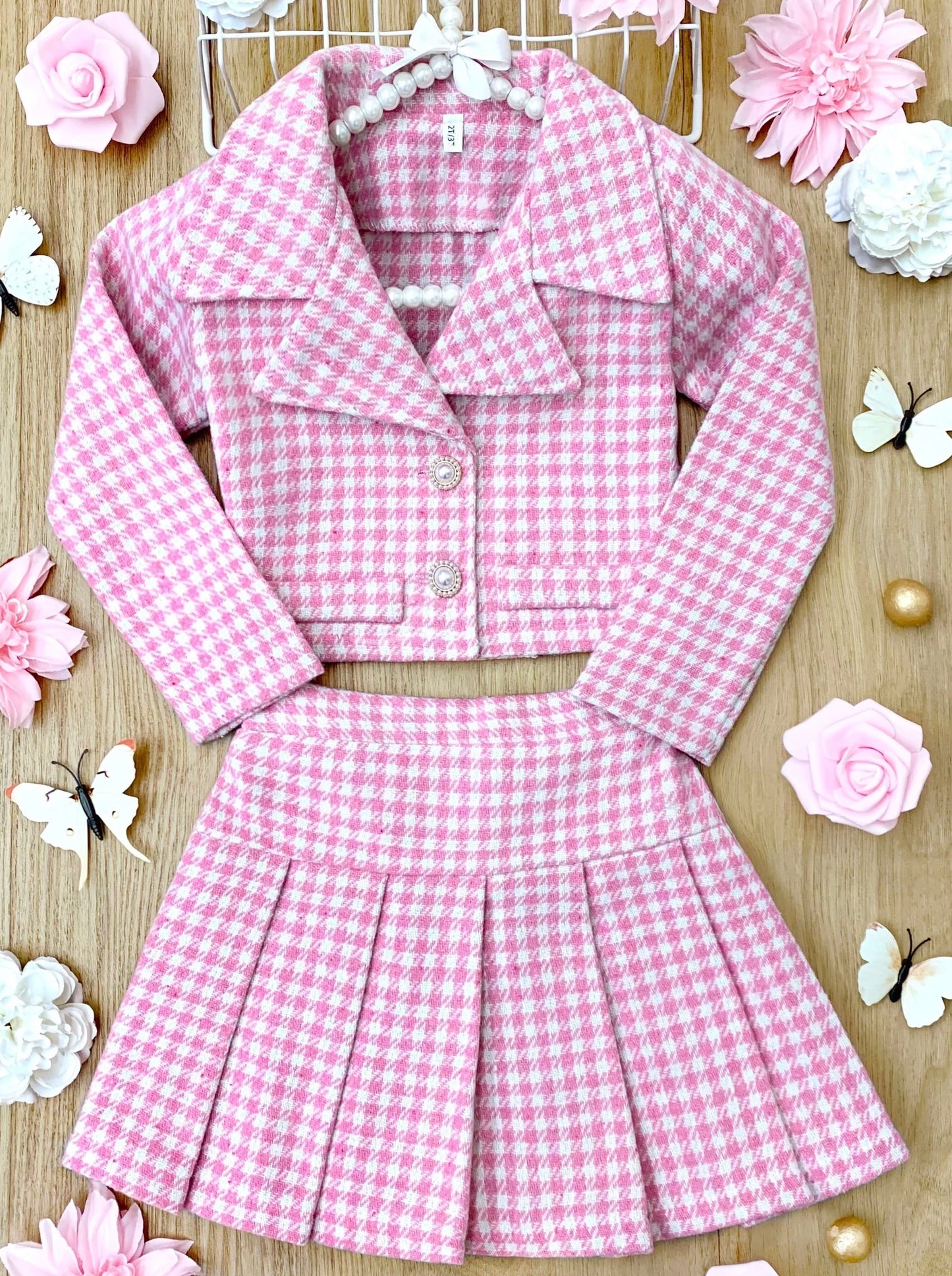 Little Treasure Tweed Matching Blazer & Pleated Skirt Set