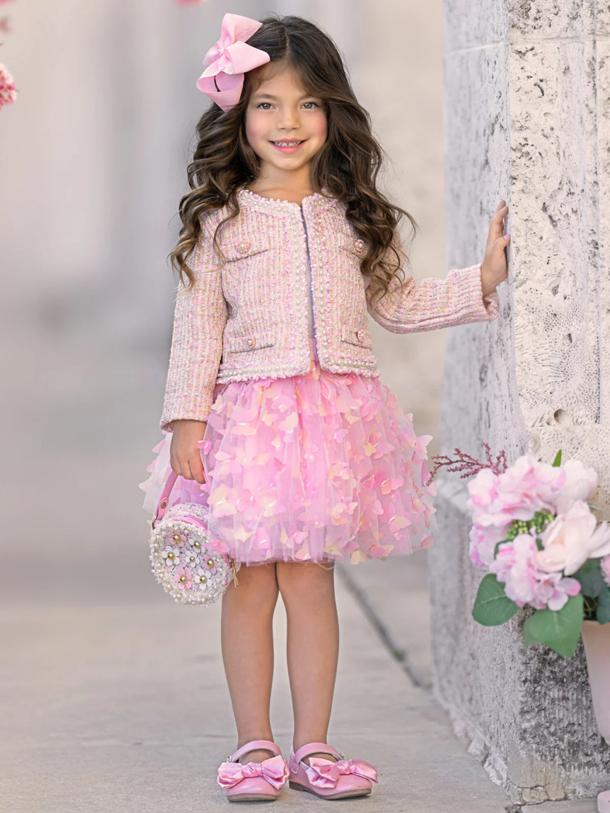 Pink Sparkle Tweed Jacket & Butterfly Tutu Skirt Set
