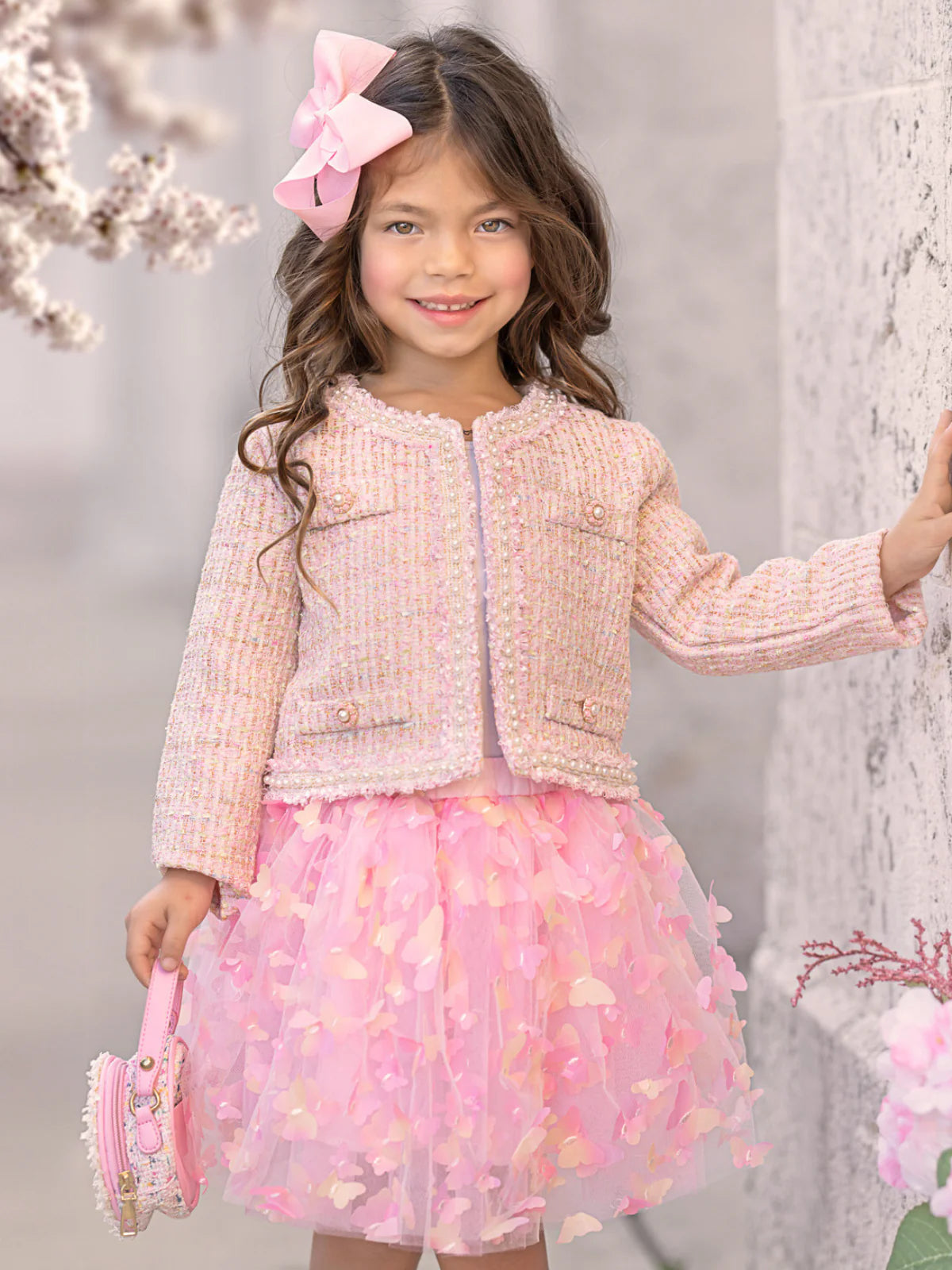Pink Sparkle Tweed Jacket & Butterfly Tutu Skirt Set