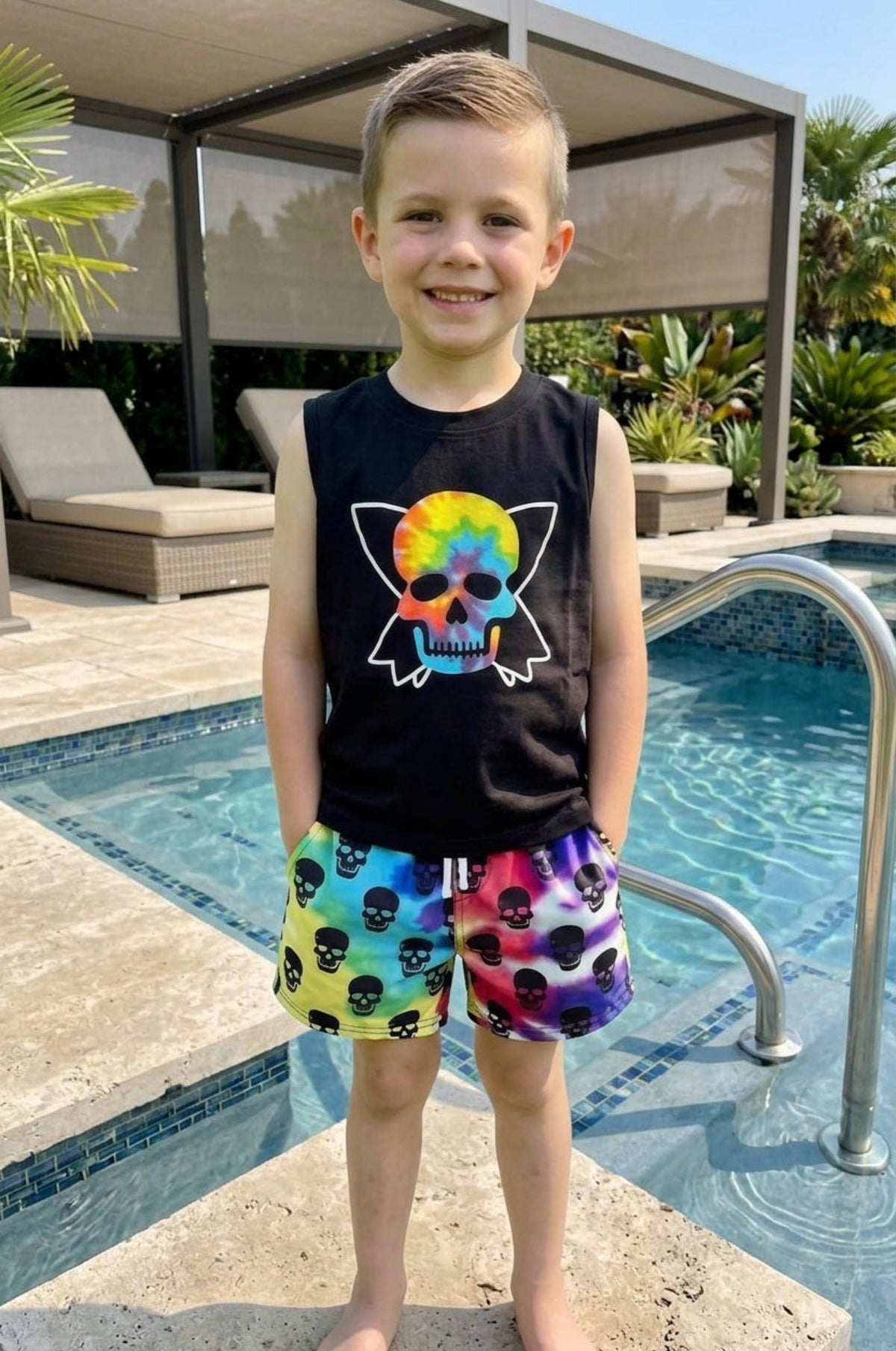 Black Skull T-Shirt & Multicolor Short Set