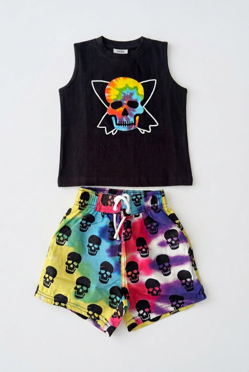 Black Skull T-Shirt & Multicolor Short Set