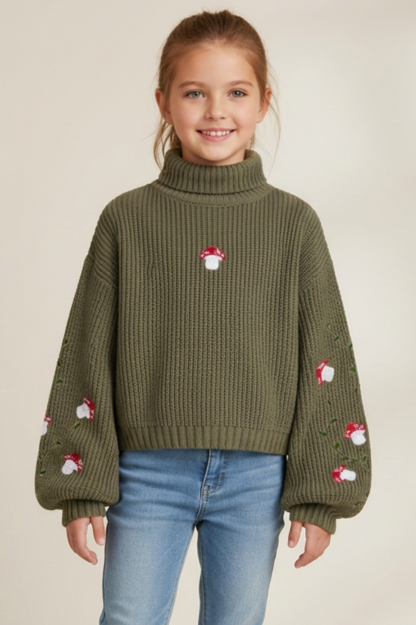 Green Turtleneck Sweater with Mushrooms