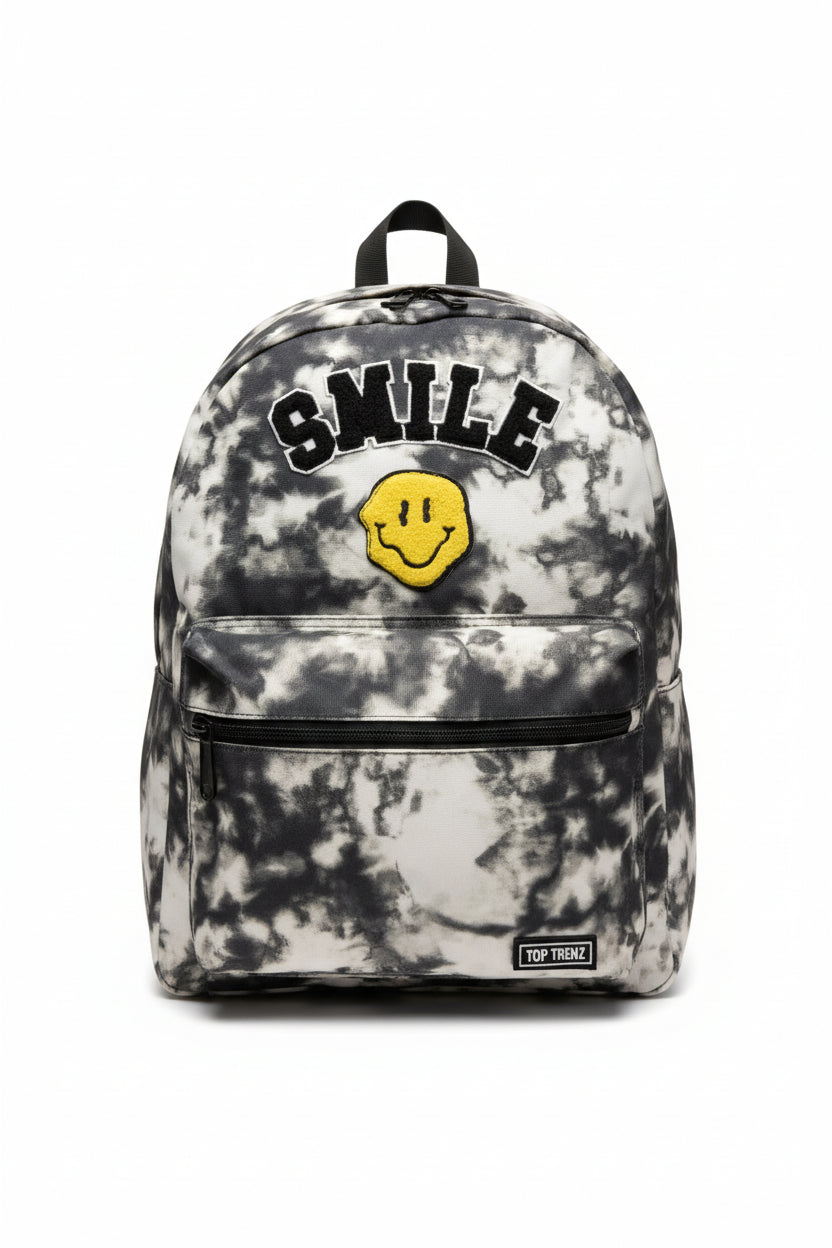 Tie Dye Black & White Smile Bag with Patches
