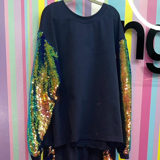 Flip Sequin Sleeves Sweatshirt Navy
