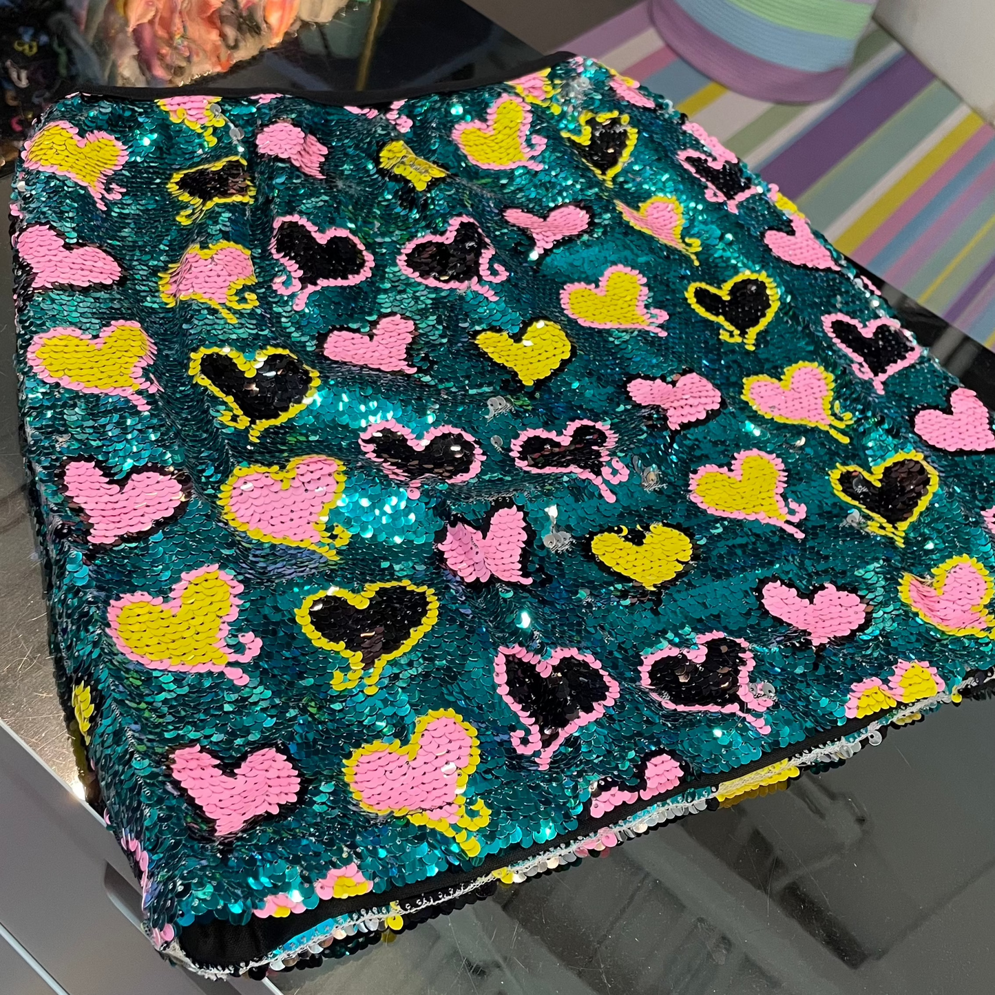 Multicolor Heart Print Sequin Mini Skirt