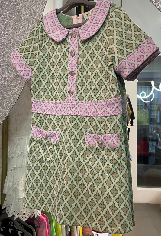 Two Tone Mod Dress w/ Rhinestone Buttons Green