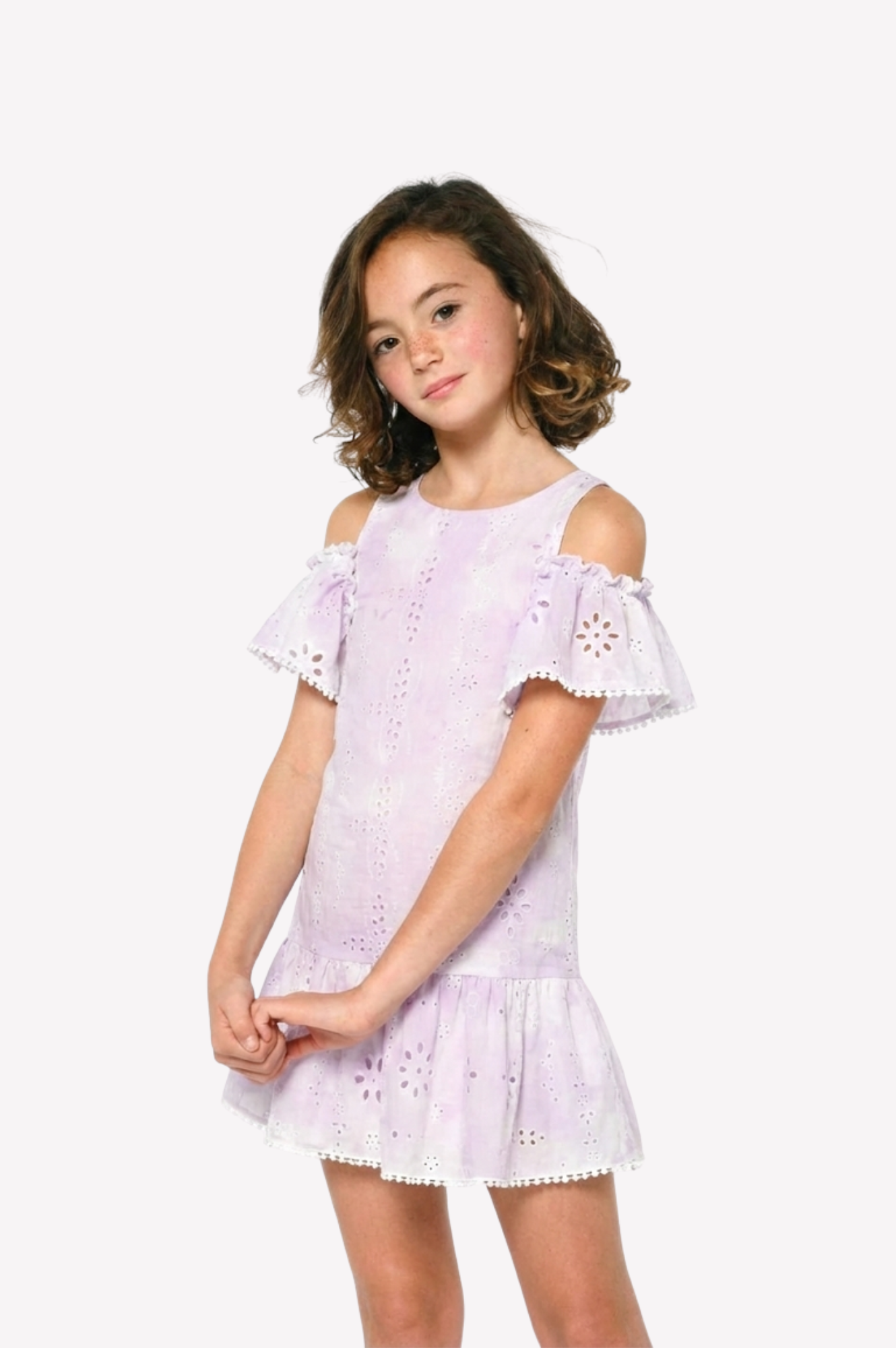Lila Tie Dye Eyelet Dress w/ Smocked Ruffles