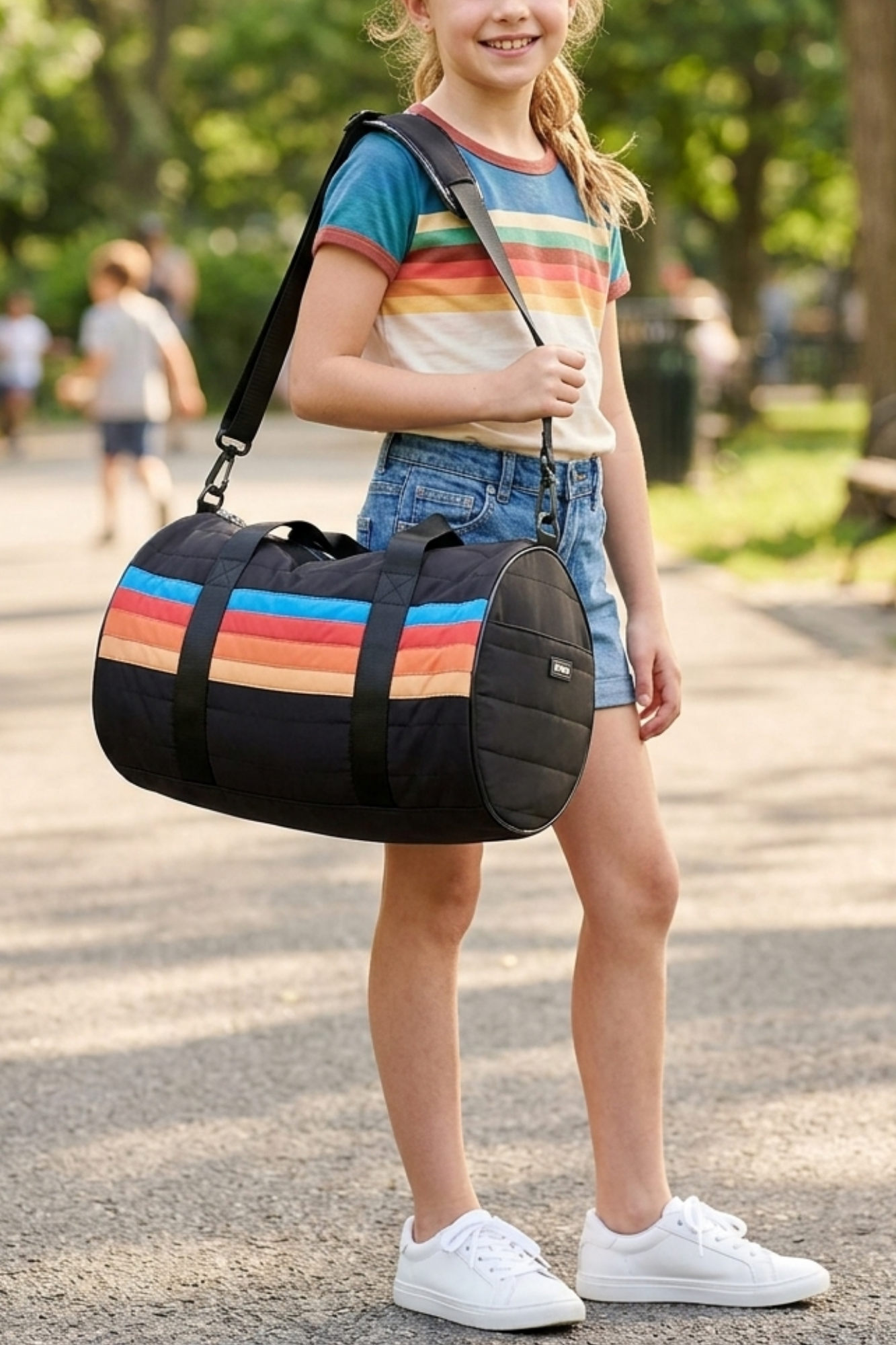Black Puffer Duffle Bag Retro Stripe