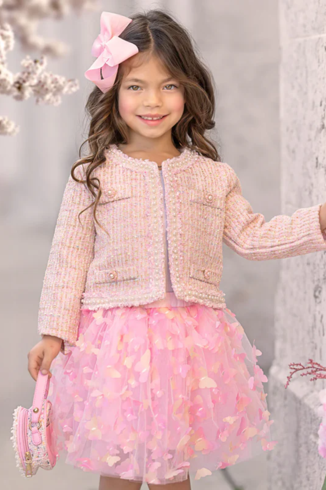 Pink Sparkle Tweed Jacket & Butterfly Tutu Skirt Set