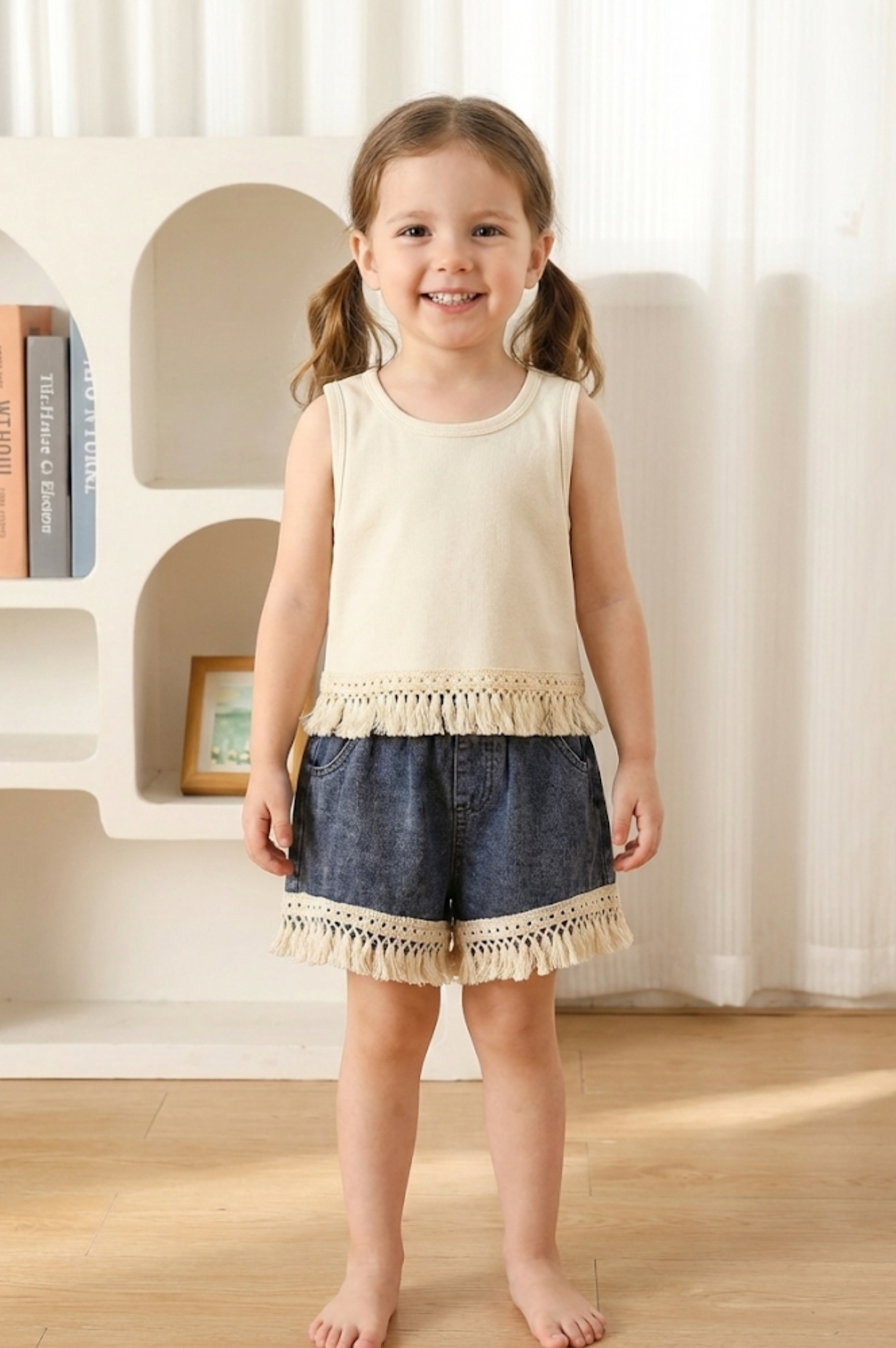 Beige Top & Denim Shorts Set