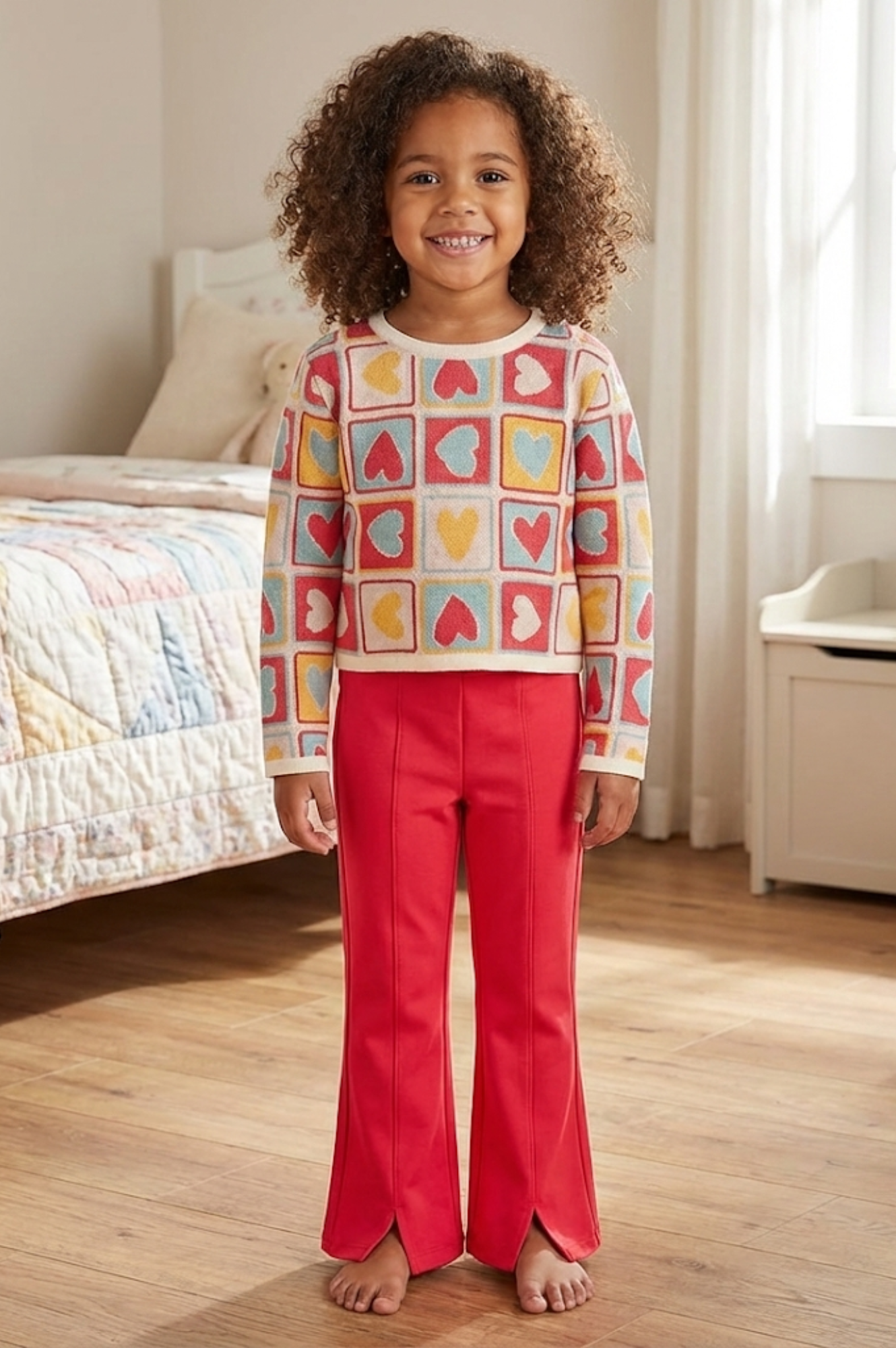 Multicolor Heart Grid Pant Set
