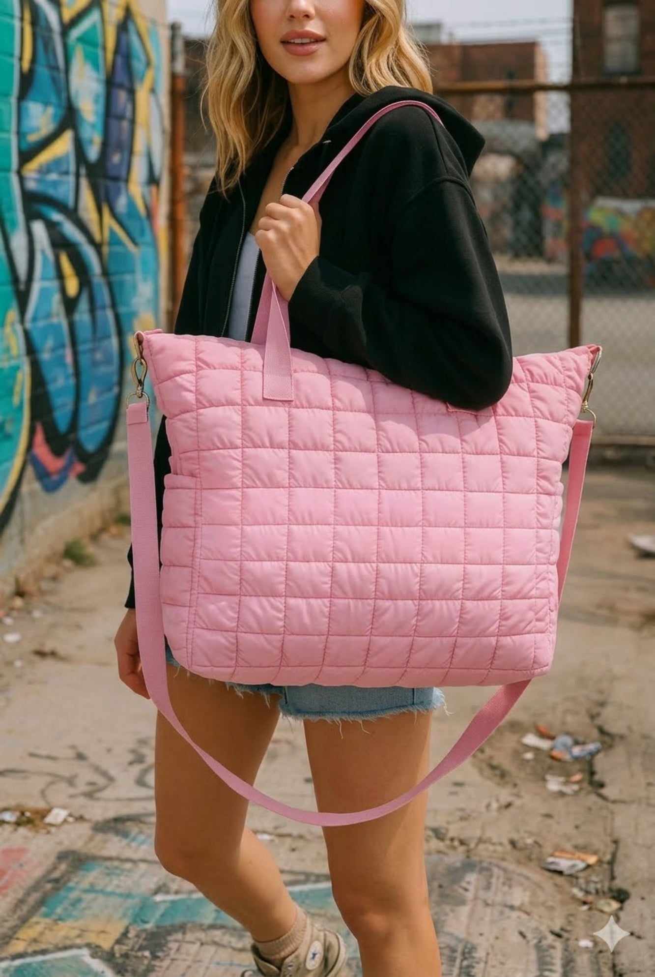 Pink Retro Stripes Puffer Weekender Tote Bag