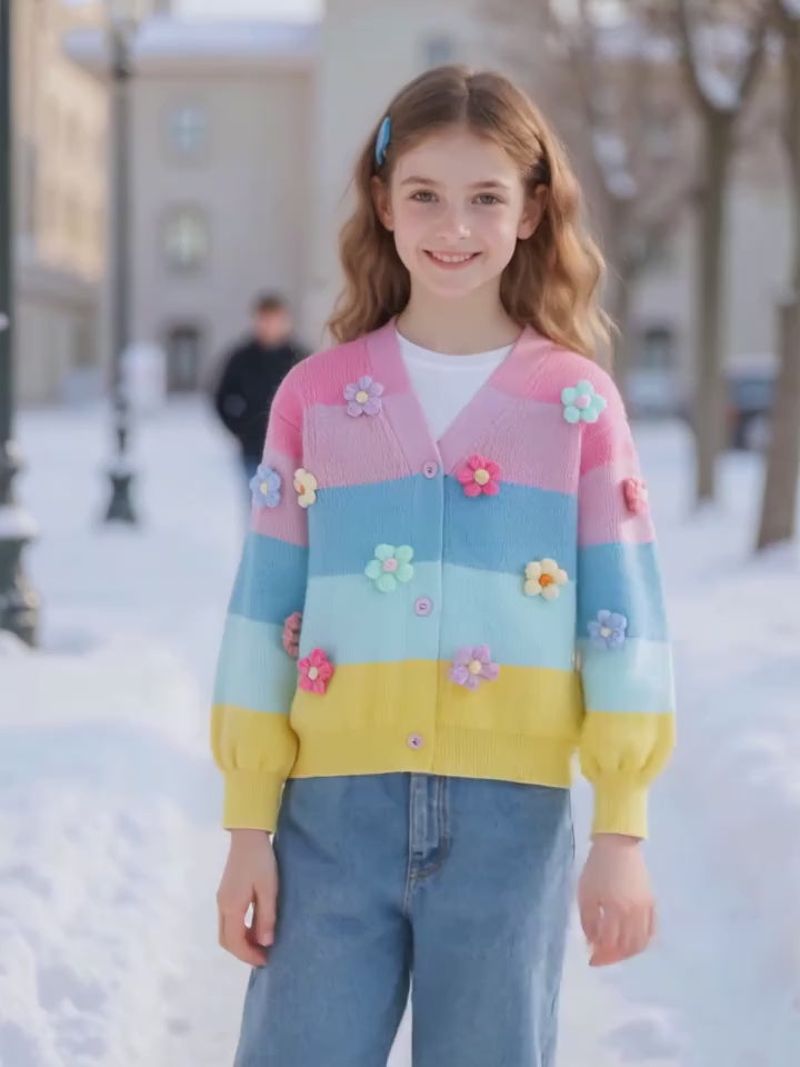 Multicolor Cardigan Knitted Flowers